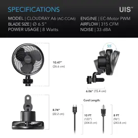 Acccs6 Ac Infinity Cloudray S6 Grow Tent Clip Fan 6 Inch With 10 Speeds Ec-motor Manual Swivel #2