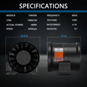 Tmk300-ac Ficbxra 12 Inch Inline Duct Fan 1900 Cfm Constant Speed - Ventila #3