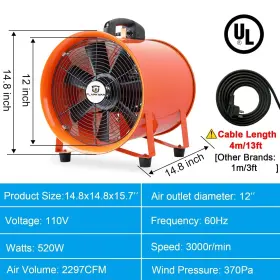 F-1205000 Flapkwan 12inch Utility Blower With 16.5ft Ducting Hose 520w 2297 Cfm Portable Ventila #2