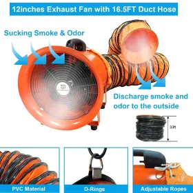 F-1205000 Flapkwan 12inch Utility Blower With 16.5ft Ducting Hose 520w 2297 Cfm Portable Ventila #3