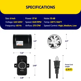 Healsmart 198401010374 Inline Booster Duct Fan With Speed Controller 6 Inch 275 Cfm Exhaus #3