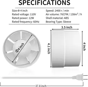 Hugoome 313105522521 Inline Duct Fan 4 Inch Vent Booster Hvac Exhaust Intake Fans 76 Cfm Ve #3