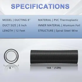 Fle-pie-8 Hyitcl Flexible Ducting Hose 12 Feet Black Aluminum -4 Layer Protection 8 Inch #3