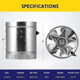 Ipower 744110043761 6 Inch 240 Cfm Inline Duct Fan With Low Noise Booster Exhaust For Hvac V #2