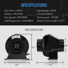 Ipower 840166233221 4 Inch 195 Cfm Inline Ventilation Fan Duct Vent Blower And Rope Clip Hanger #3