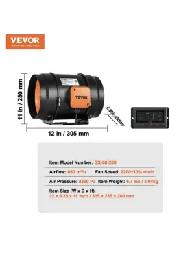 Vevor Gx-08-200 Exhaust Fan 12x11in 860m /h Quiet Black/orange Wall Mounted