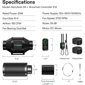 Vivosun 768553846321 Aerozesh G4 4 Inch 195 Cfm Inline Duct Fan Kit With E12 Speed Controller Black 8 #2