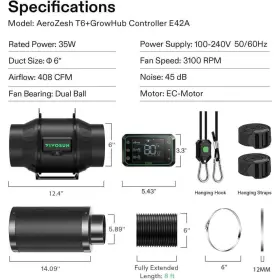 E42a Vivosun 768553846413 Aerozesh T6 6 Inch Inline Duct Fan Kit With Growhub Controller Black #2