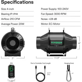 Vivosun 768553848387 Aerozesh T4 210 Cfm Inline Duct Fan With E12 Speed Controller #2