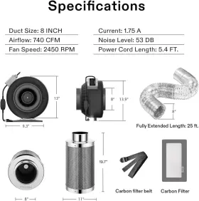 Ac-fks8 Vivosun Air Filtration Kit 8 Inch Inline Fan Carbon Filter And Ducting Combo For Grow Tents #2