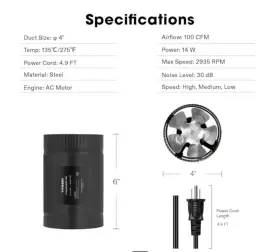 Vsv-ifa4 Vivosun 4 Inch Inline Duct Fan - Sku Vsv- Ifa4 Black Open Box #3