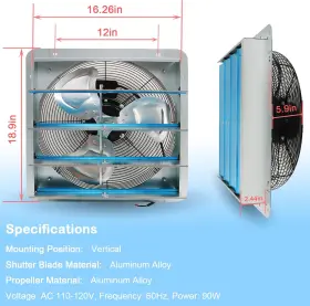 Ysmn 705353455674 16 Inch Wall Mounted Fan Speed 1200 Cfm Aluminum Blades Shutter For Home Attic G #2